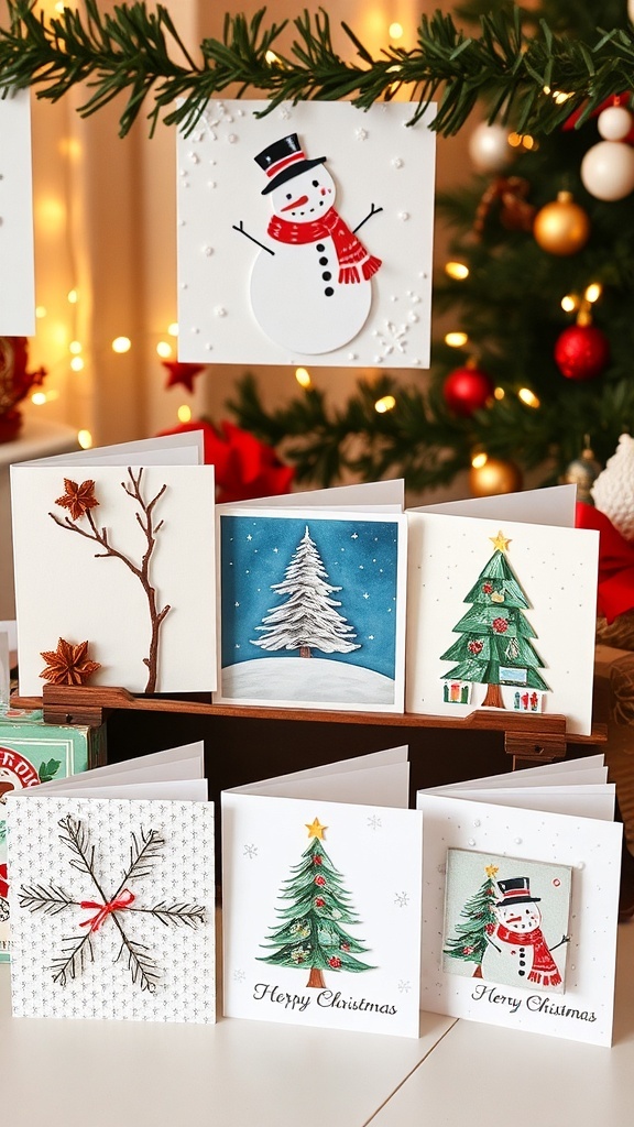 A collection of creative 6x6 Christmas cards with different designs on a festive table.